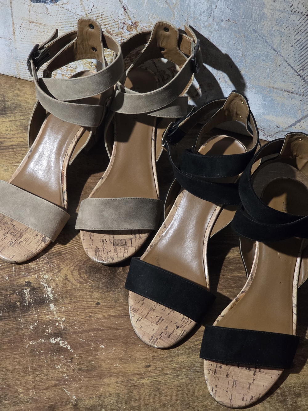 2 Pairs Of Heeled Sandals. Taupe And Black. Double Wrap Buckle. Block Heel.